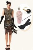 Zwarte en gouden cap mouwen pailletten franjes 1920s Gatsby Flapper Party Jurk met 20s accessoires set