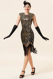 Zwarte en gouden cap mouwen pailletten franjes 1920s Gatsby Flapper Party Jurk met 20s accessoires set