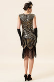 Zwarte en gouden cap mouwen pailletten franjes 1920s Gatsby Flapper Party Jurk met 20s accessoires set