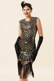 Zwarte en gouden cap mouwen pailletten franjes 1920s Gatsby Flapper Party Jurk met 20s accessoires set