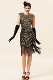 Zwarte en gouden cap mouwen pailletten franjes 1920s Gatsby Flapper Party Jurk met 20s accessoires set