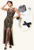 Afbeelding in Gallery-weergave laden, Zwarte en gouden illusie hals pailletten lange jaren 1920 Gatsby Flapper Jurk met jaren 20 accessoires set