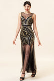 Zwarte en gouden illusie hals pailletten lange jaren 1920 Gatsby Flapper Jurk met jaren 20 accessoires set