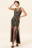 Zwarte en gouden illusie hals pailletten lange jaren 1920 Gatsby Flapper Jurk met jaren 20 accessoires set