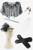 Zwarte en gouden illusie hals pailletten lange jaren 1920 Gatsby Flapper Jurk met jaren 20 accessoires set