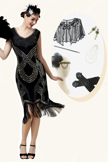 Zwarte Pailletten 1920s Gatsby Flapper Party Jurk met 20s Accessoires Set