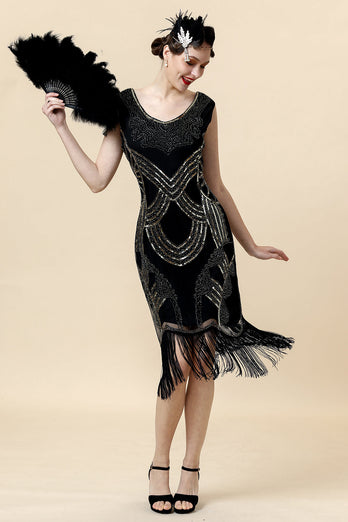 Zwarte Pailletten 1920s Gatsby Flapper Party Jurk met 20s Accessoires Set