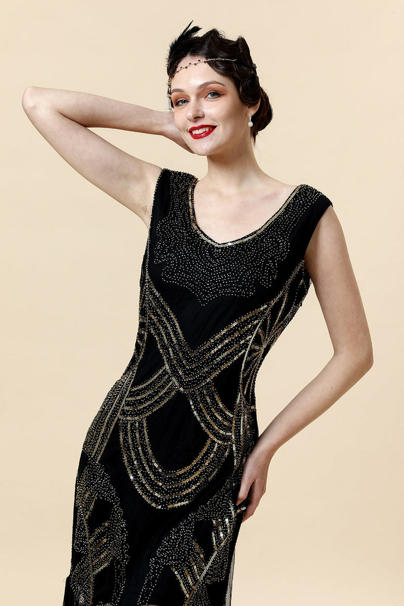 Afbeelding in Gallery-weergave laden, Zwarte Pailletten 1920s Gatsby Flapper Party Jurk met 20s Accessoires Set