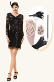 Zwarte Pailletten lange mouwen 1920s Gatsby Flapper Party Jurk met 20s Accessoires Set