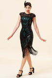 Zwart en groen pailletten franjes 1920s Gatsby Flapper Party Jurk met jaren 20 Accessoires Set