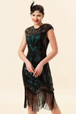 Zwart en groen pailletten franjes 1920s Gatsby Flapper Party Jurk met jaren 20 Accessoires Set