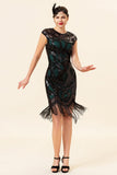 Zwart en groen pailletten franjes 1920s Gatsby Flapper Party Jurk met jaren 20 Accessoires Set