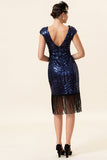 Blauwe Pailletten Fringes Gatsby Jurk met 1920s Accessoires Set