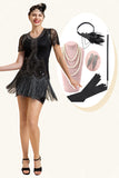 Zwarte Kralen Franjes Flapper Jurk met 1920s Accessoires Set