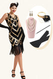 Gouden Mouwloze Franjes Flapper Jurk met 1920s Accessoires Set