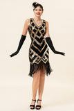 Gouden Mouwloze Franjes Flapper Jurk met 1920s Accessoires Set