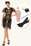 Gefranjerde Gouden Pailletten Flapper Jurk met Jaren 20 Accessoires Set