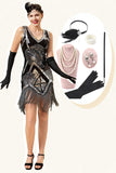 Zilver Gefranjerde Pailletten Glitter Flapper Jurk met Jaren '20 Accessoires Set