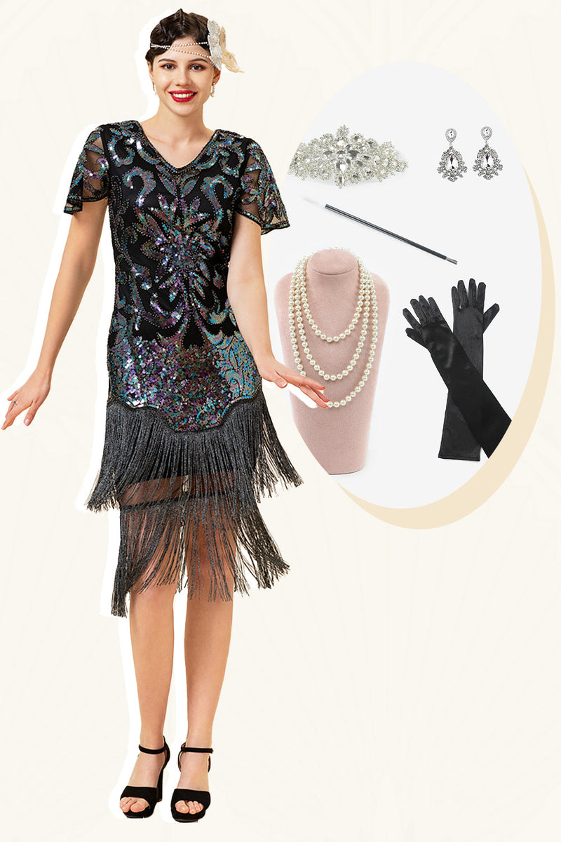 Afbeelding in Gallery-weergave laden, Zwarte Pailletten Gefranjerde Gatsby Jurk met 20s Accessoires Set