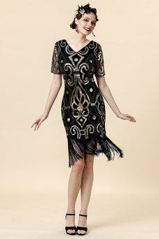 Vintage gefranjerde glitter flapper jurk met 1920s accessoires set