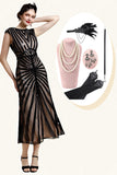 Zwarte Pailletten Glitter Midi Flapper Jurk met Jaren '20 Accessoires Set