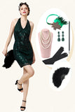 Halter Groene Pailletten Gatsby Jurk met 20s Accessoires Set