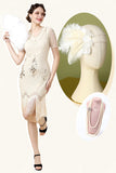 Champagne Pailletten Gefranjerde Flapper Jurk met Jaren '20 Accessoires Set