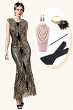 Gouden Pailletten Glitter Lange Flapper Jurk met Jaren 20 Accessoires Set