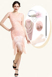 Kralen Roze Franje Flapper Jurk met 1920s Accessoires Set