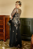 Zwarte en gouden Plus Size 1920s Gatsby Jurk met 20s Acessories Set