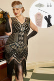 Zwarte Gouden Pailletten Plus Size 1920s Gatsby Jurk met 20s Acessories Set