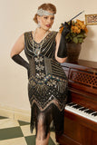 Zwarte Gouden Pailletten Plus Size 1920s Gatsby Jurk met 20s Acessories Set