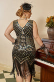 Zwarte Gouden Pailletten Plus Size 1920s Gatsby Jurk met 20s Acessories Set