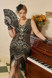 Zwarte Gouden Pailletten Plus Size 1920s Gatsby Jurk met 20s Acessories Set