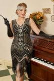 Zwarte Gouden Pailletten Plus Size 1920s Gatsby Jurk met 20s Acessories Set