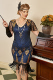 Royal Blue Plus Size 1920s Gatsby Jurk met 20s Acessories Set