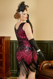 Fuchsia Pailletten 1920s Plus Size Jurk met 20s Accessoires Set