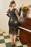 Zwarte korte mouwen 1920s Plus Size Jurk met 20s Accessoires Set