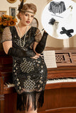 Zwarte Pailletten 1920s Flapper Plus Size Jurk met 20s Accessoires Set