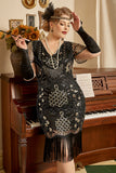 Zwarte Pailletten 1920s Flapper Plus Size Jurk met 20s Accessoires Set