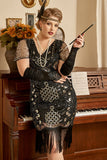 Zwarte Pailletten 1920s Flapper Plus Size Jurk met 20s Accessoires Set