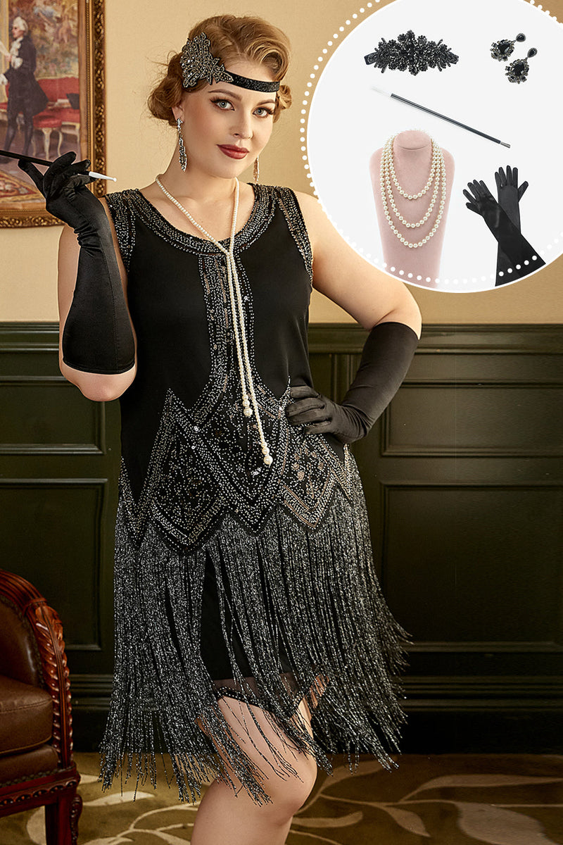 Afbeelding in Gallery-weergave laden, Zwarte Franjes 1920s Plus Size Gatsby Jurk met 20s Accessoires Set