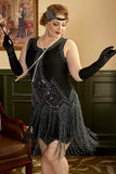 Zwarte Franjes 1920s Plus Size Gatsby Jurk met 20s Accessoires Set