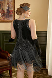 Zwarte Franjes 1920s Plus Size Gatsby Jurk met 20s Accessoires Set