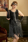 Zwarte Franjes 1920s Plus Size Gatsby Jurk met 20s Accessoires Set