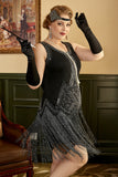 Zwarte Franjes 1920s Plus Size Gatsby Jurk met 20s Accessoires Set