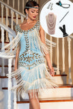 Sprankelende blauwe pailletten 1920s flapper jurk met 20s accessoires