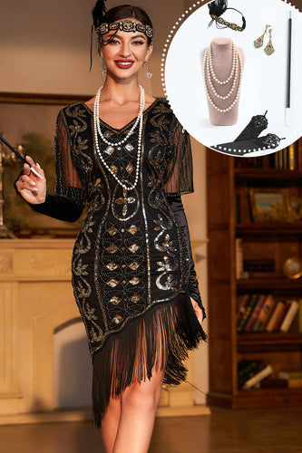 Sprankelende zwarte pailletten 1920s flapper jurk met 20s accessoires