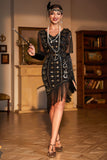 Sprankelende zwarte pailletten 1920s flapper jurk met 20s accessoires