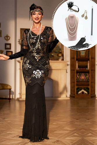 Zwarte pailletten franje lange jaren 1920 Gatsby jurk met accessoires set